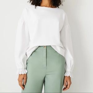 Ann Taylor Petite White Lace Cuff Ponte Top